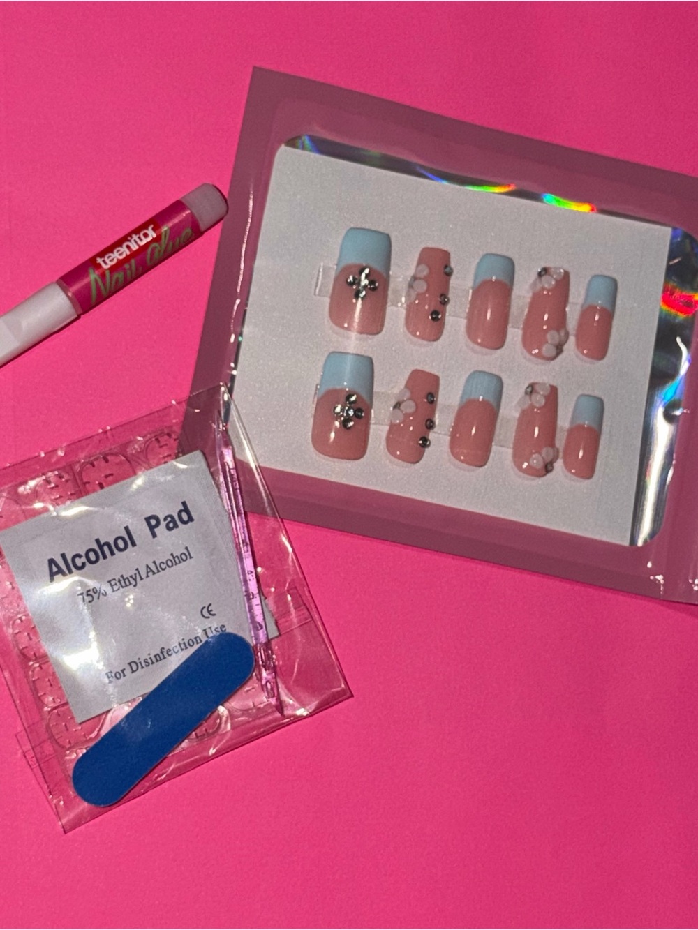 Blue French Tip Press-On Nails with 3D Floral Accents